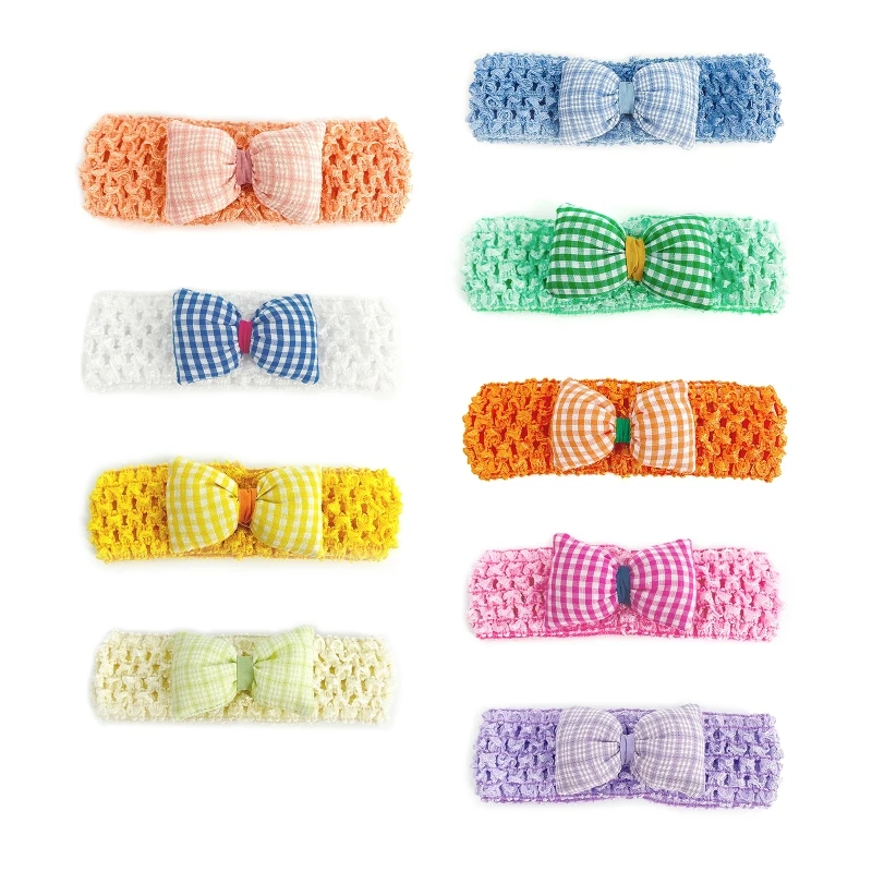 

Infant Baby Ruched Elastic Wide Headband with Plaid Bowknot Crochet Hairband