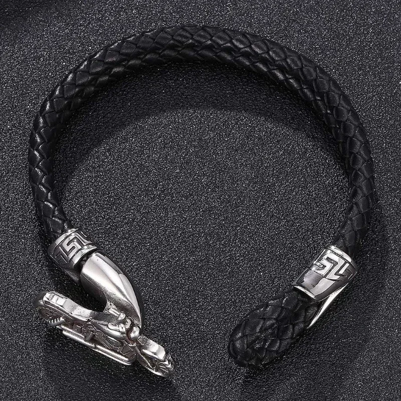Leather Bracelet Bangle Punk Metal Motorcycle Handwoven Double Layer