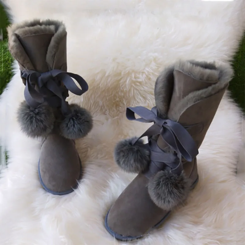 

Lace Up 100% Natural Fur Winter Boots for Women High Boots Genuine Sheepskin Leather Snow Boots Warm Wool Long Boots Shoes