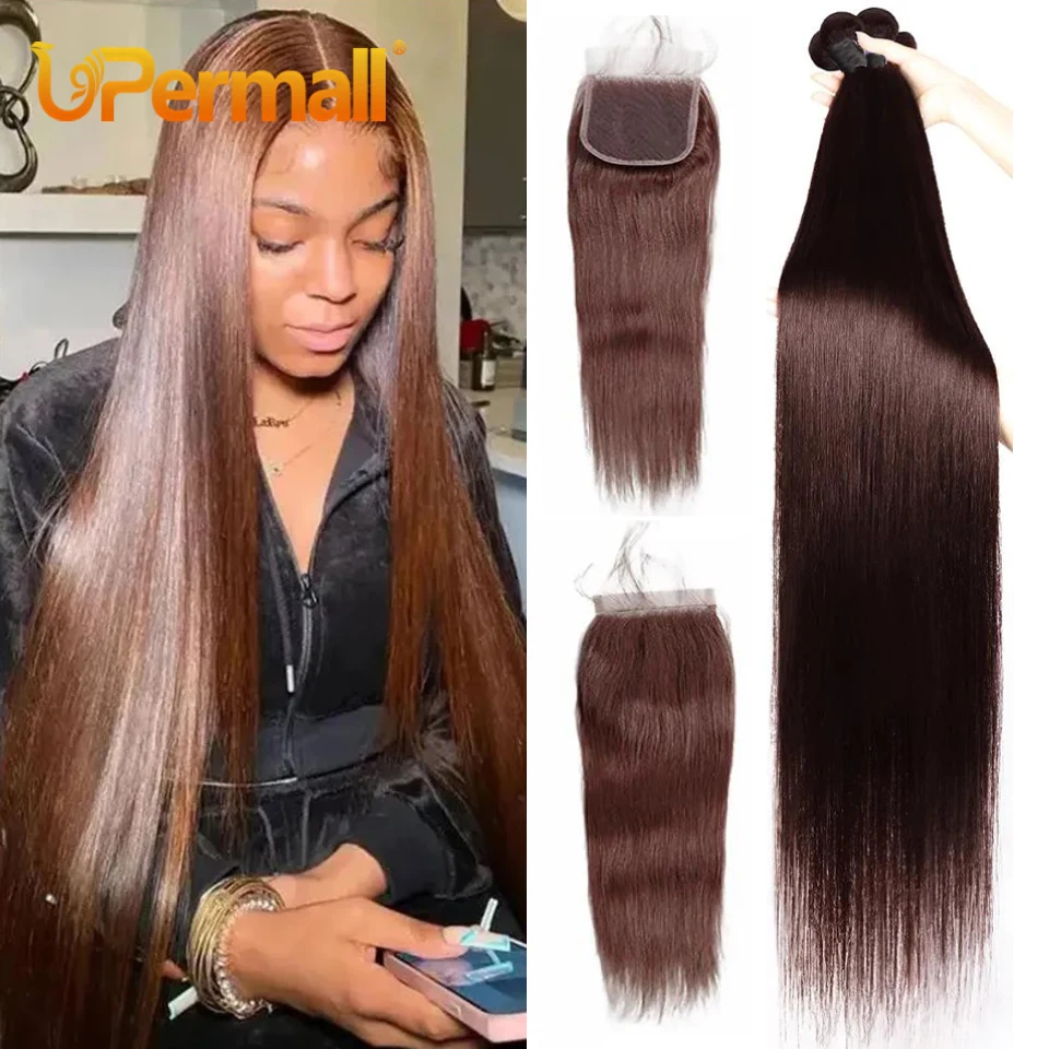 

Upermall Chocolate Brown 3/4 Bundles with Closure Straight Human Hair Remy #4 Colored Transparent 4x4 5x5 Lace Closure and Weave