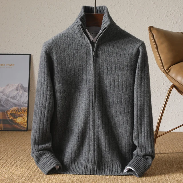 Cardigan Épais avec Fermeture Éclair pour Homme, 100% Laine, Tricot, Col Haut, Haut Large Rayé, Manteau Chaud, Mode Mérinos, Automne et Hiver, Nouveau 2