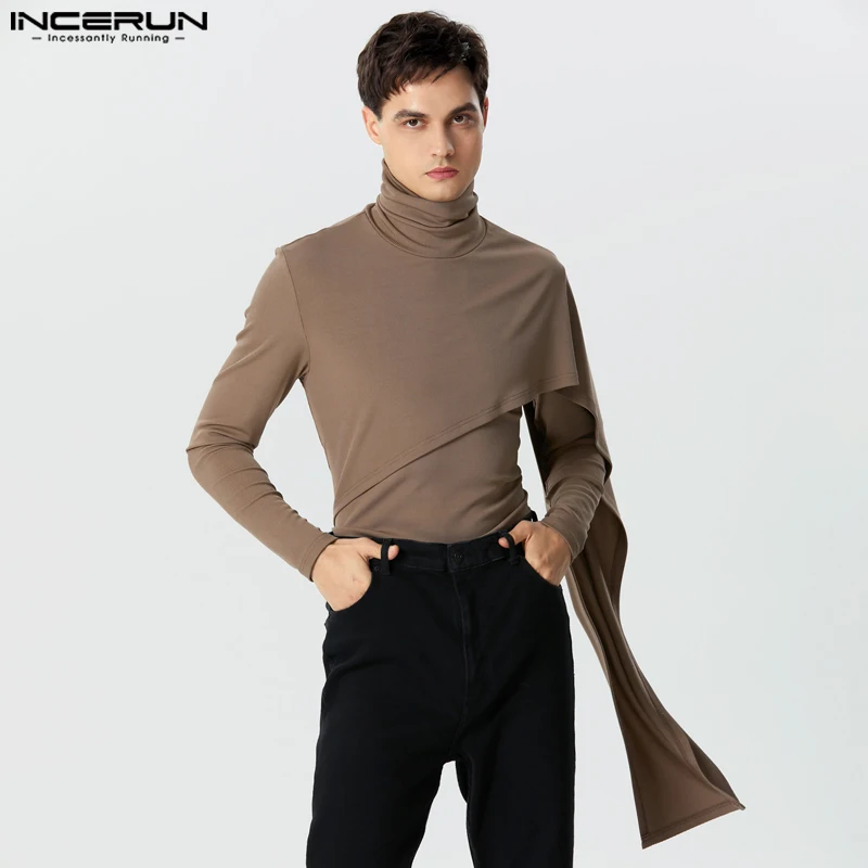 INCERUN Tops 2023 American Style Handsome Men Knitted Pit Stripe High Neck Pullover Casual Solid All-match Elastic Sweater S-5XL