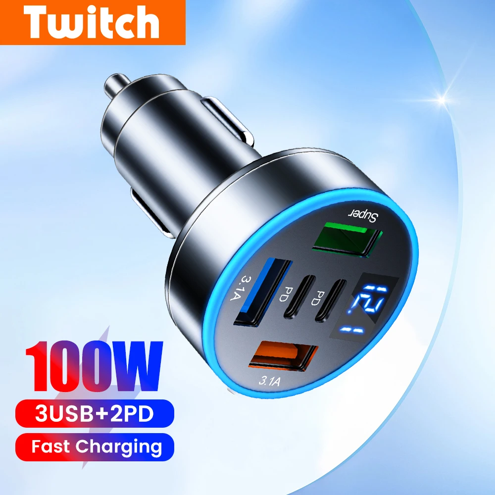 100W 5 Ports USB C Car Charger Fast Charging 3USB 2PD Type C Car Phone Charger Adapter For iPhone Huawei Samsung Xiaomi Phones