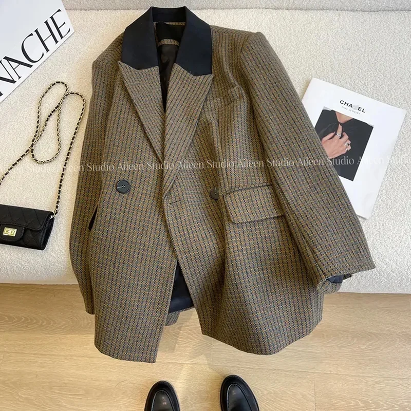 Thousand Bird Plaid Woolen Suit Coat for Women 2023 Spring Loose Korean Version Thickened Retro Loose Woolen Suit Top Commuter V