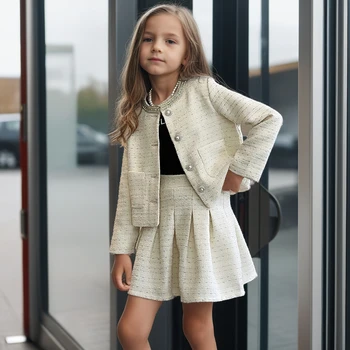 2026 Abiti per ragazze Set Chic Giacca di tweed Gonna Due pezzi Costumi per bambini adolescenti Alla moda Primavera Autunno Abbigliamento per bambini 10 12 anni