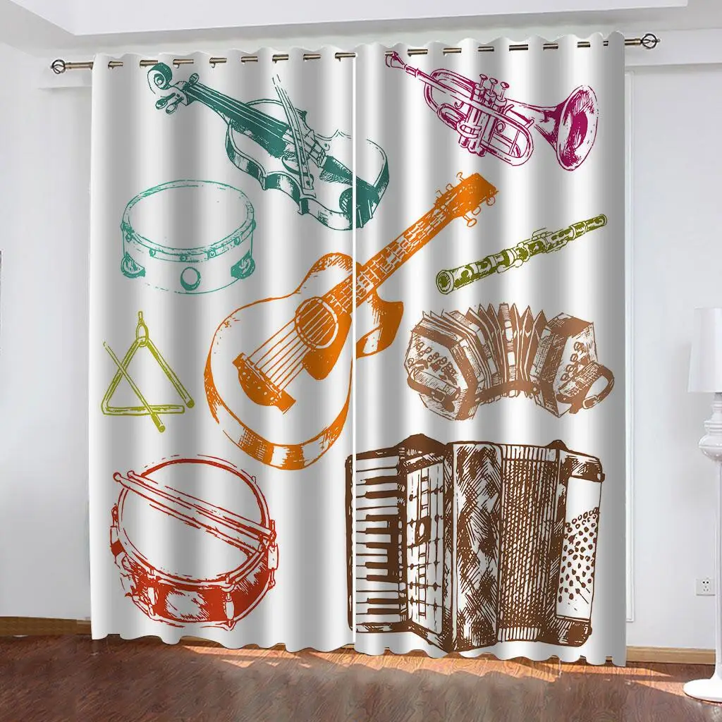 2Pcs Rock Band Theme Curtains Drummer Pattern Print Living Room Bedroom Music Lover Decor Sun Shade Window Drapes 3