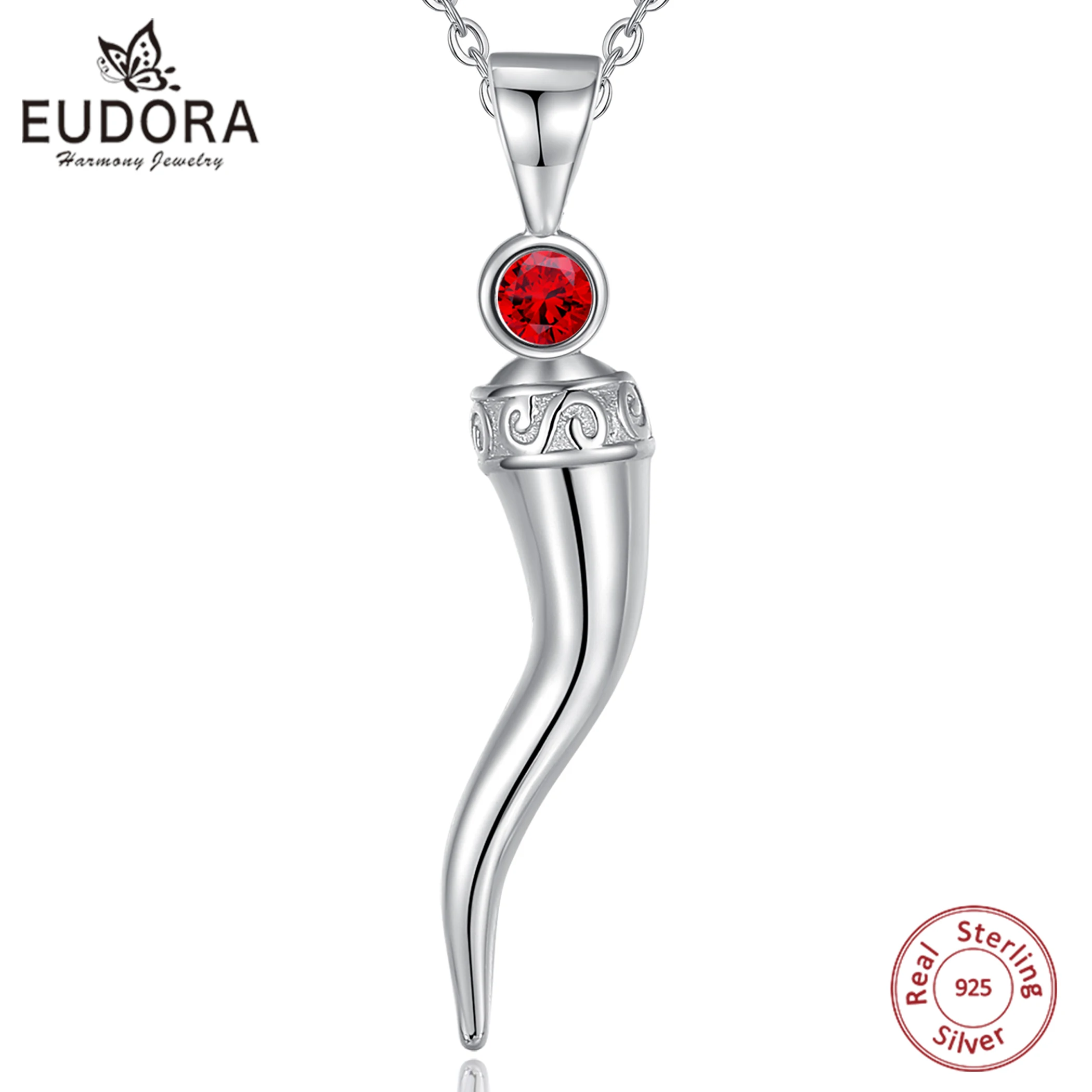 

Eudora 925 Sterling Silver Italian Horn Pendant for Women Men Red CZ Good Luck Friendship Dreams Amulet Necklace Fine jewelry