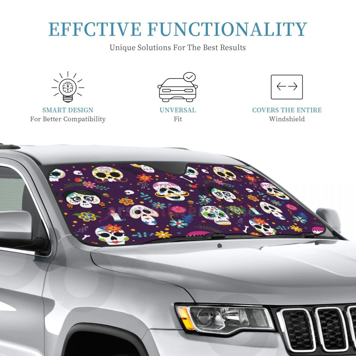 Day Of The Dead Car Reflective Sun Blocker Fits Small Sedans, Mini SUVs Standard Sunshade Car Accessories