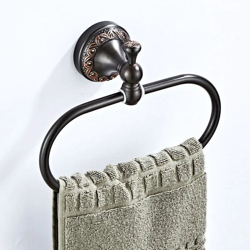 oval Brass Towel Holder Bathroom Accessories Wall Mounted Round Towel Rings Rack Kitchen Storage Black bronzing process