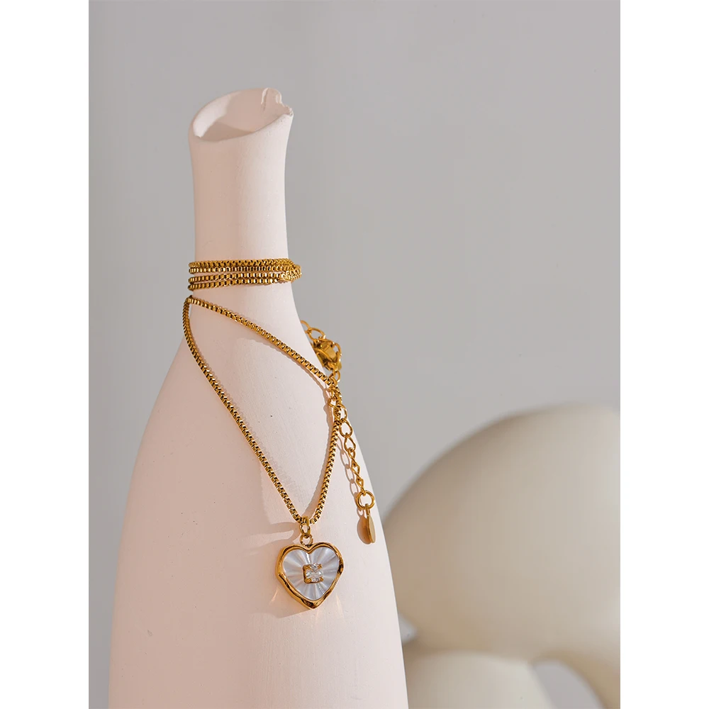 Yhpup Fashion Natural Shell Zircon Heart Love Necklace Chic