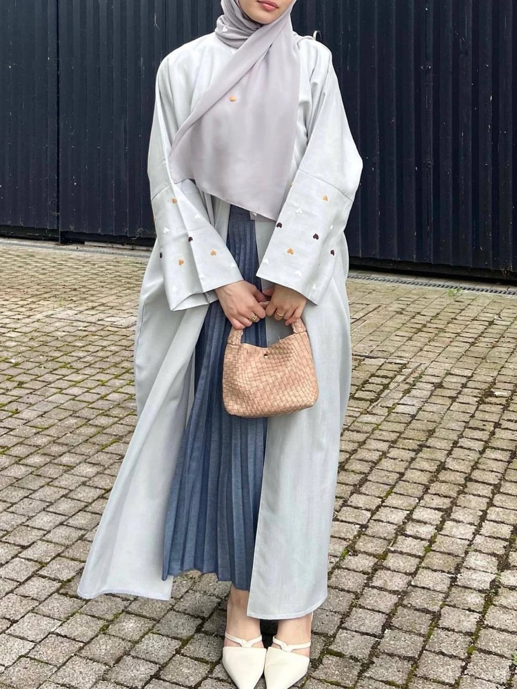 Love Heart Embroidery Muslim Abaya For Women Eid Dress Morocco Ramadan Lace-up Abayas Kaftan Islam Cardigan Dubai Arab Long Robe