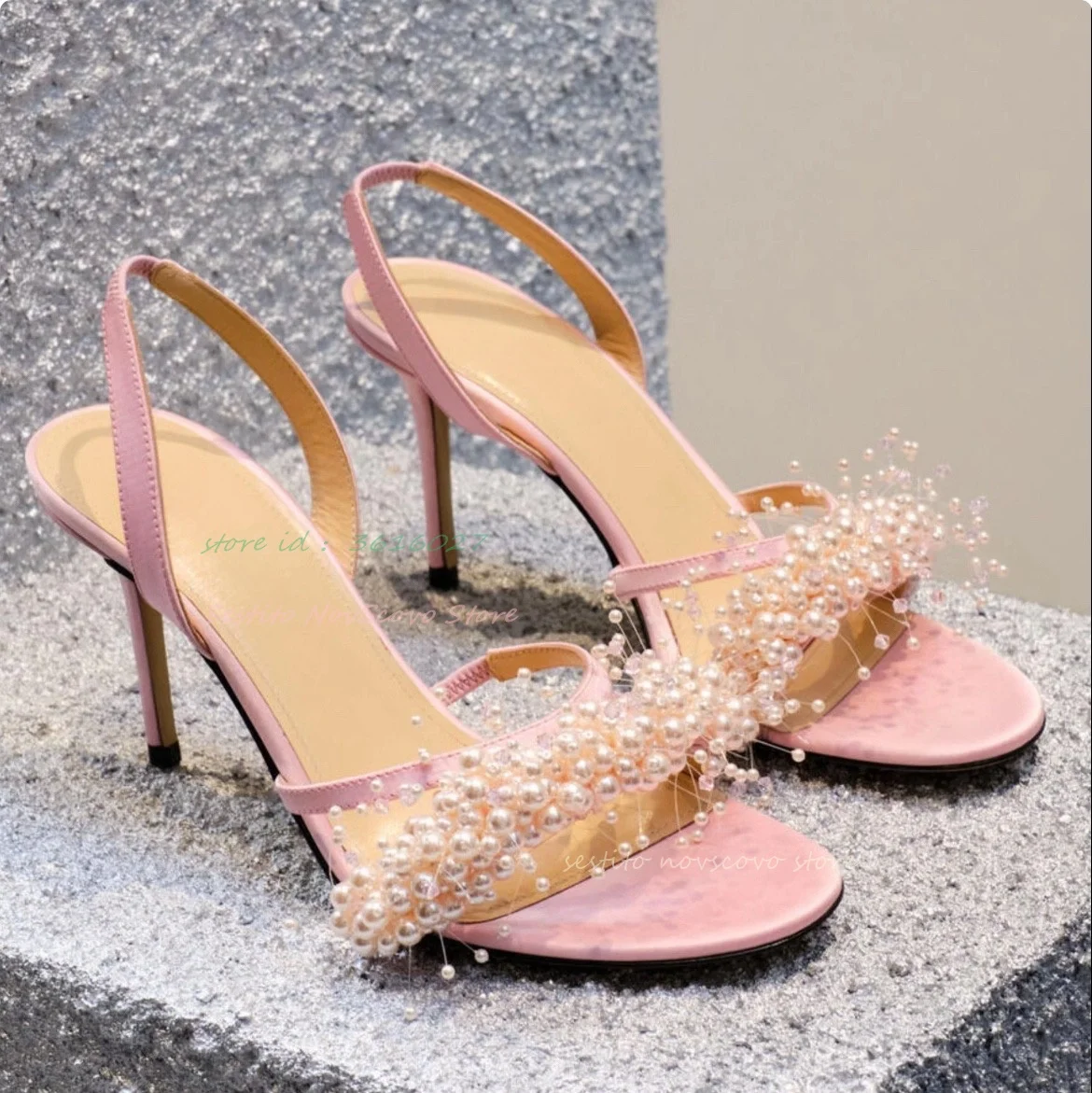 Kash (white and silver stones and pearl, Pink suede high heels ankle strap)
