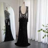 Luxury Black Mermaid Dubai Evening Dresses 2023 Elegant V-Neck Long Sleeves Arabic Women Formal Party Gowns SZ250 7