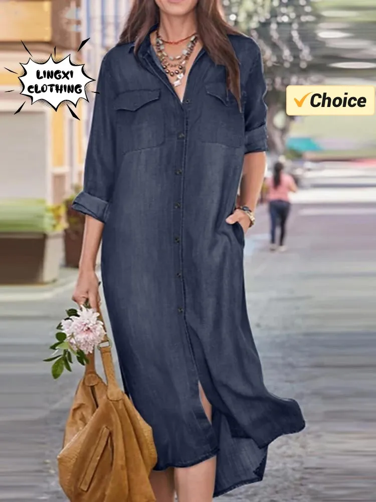 

Women's Dress 2024 Summer New Casual Loose Fit Long Dress Round Neck Street Style Robe Korean Fashion Cotton Denim Long Dress