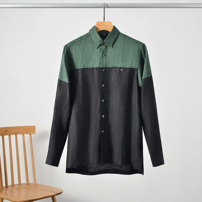 

2023 Autumn Linen Shirts Men camisas de hombre Casual Black Green Contrast Long Sleeve Leisure Shirt Dress Mens Designer Clothes
