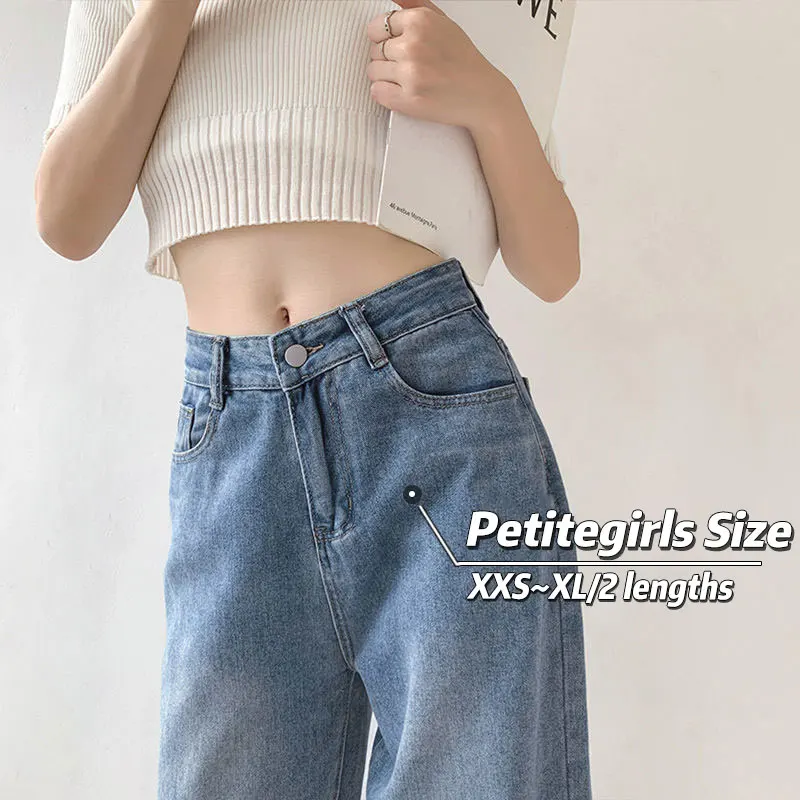 

150cm Petite Girls High Street Retro Jeans Women High Waist Straight Wide Loose Leg XS Appear High Eight Points Summer