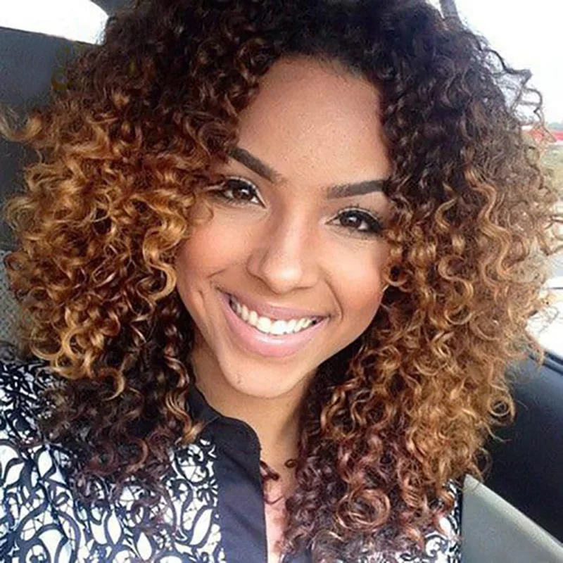 

African Small Curly Explosive Headband Synthetic Fiber Short Curly Wigs Hair Black Gradient Brown