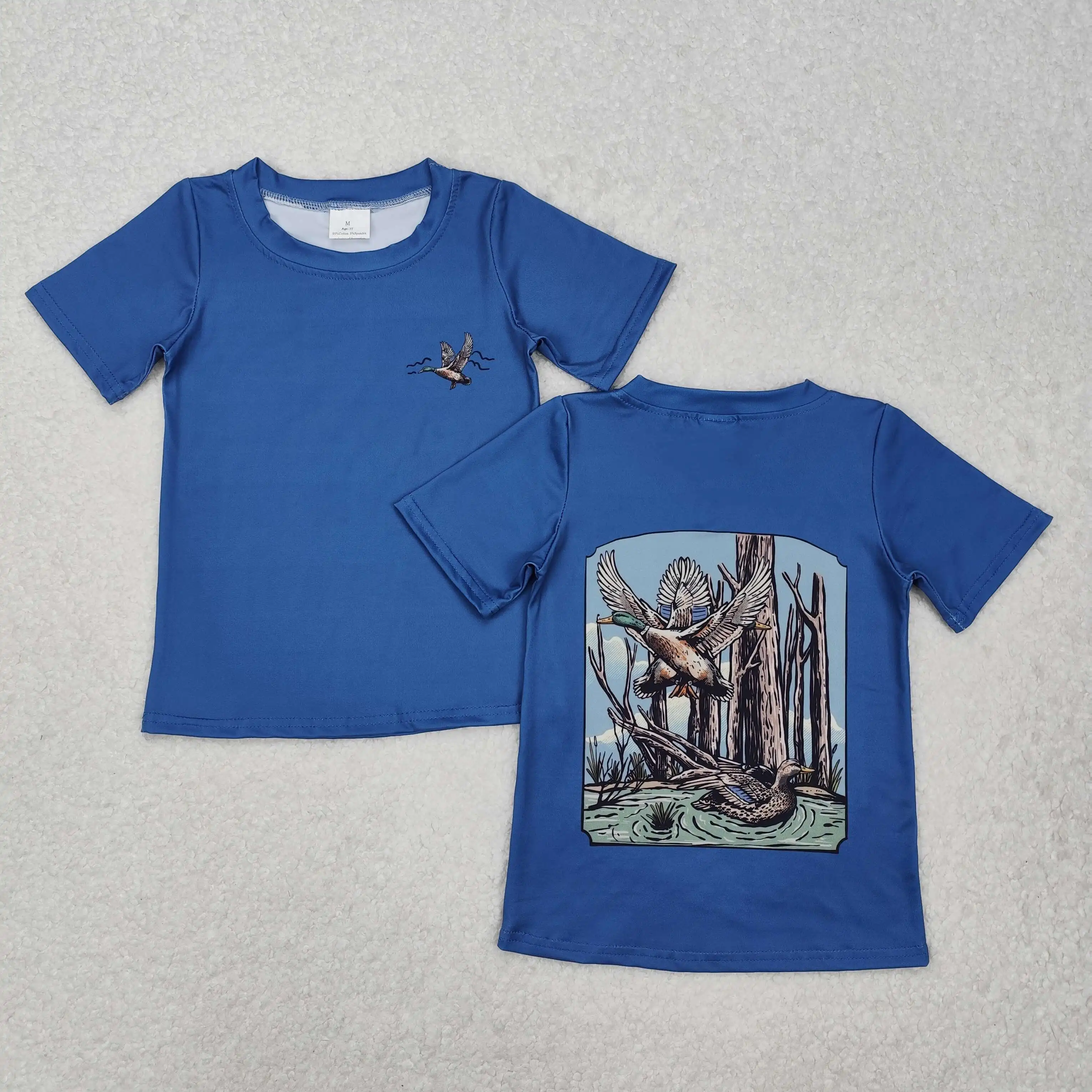 New rts baby boys summer tops boutique duck trees blue short sleeve boy shirts