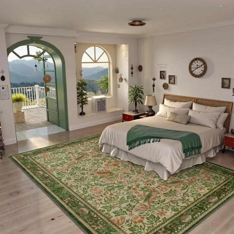 Retro Living Room Carpet Nordic Style Plant Flower Print Bedroom Rug Large Area Machine Washable Non-slip Coffee Table Mat Tapis