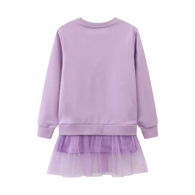 2-7t Autumn Girls Princess Dress Long Sleeves Cartoon Purple Sequin Stars Mesh Dress Cotton Spring Casual Clothes