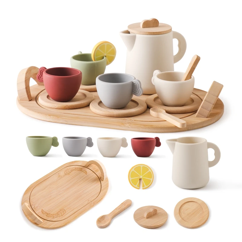 WoodenChildrenMontessoriToyTeapotTeacupSimulationKitchenUtensil
