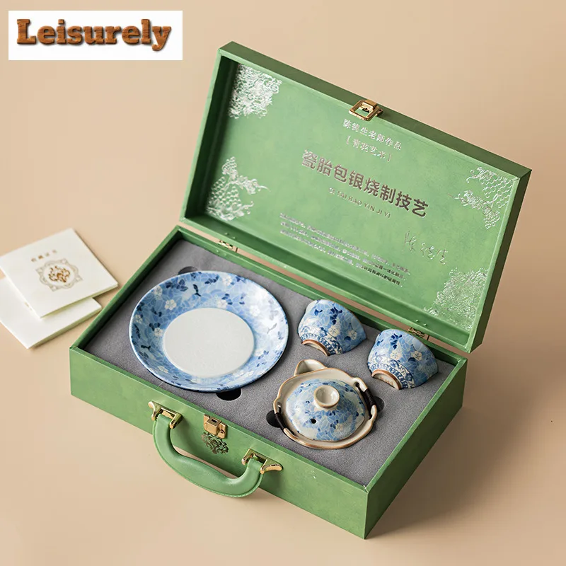 Blue and White Ru Kiln Porcelain Tea Set Complete Set Handmade Tea Ceremony Set Tea Making Teapot and Tea Cup Set Teaware Craft