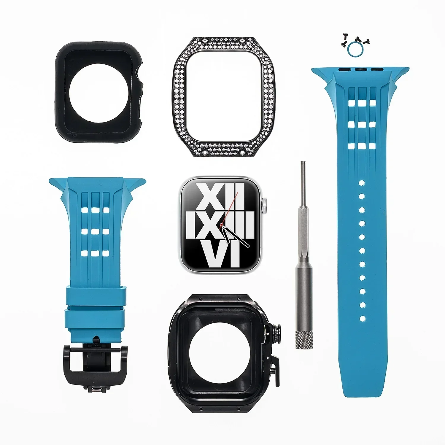 Aluminum Alloy For Apple Watch Mod Kit 44mm 45mm Luxury Diamond Inlaid Accessories Rubber Strap For iWatch Series 9 8 7 6 5 4 Se