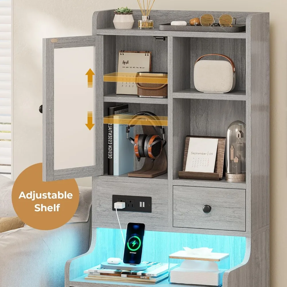 Grey Nightstand Set of 2 with Charging Station,49.2" LED Night Stand for Bedroom,Tall Bedside Table with Bookshelf and Drawers, 4