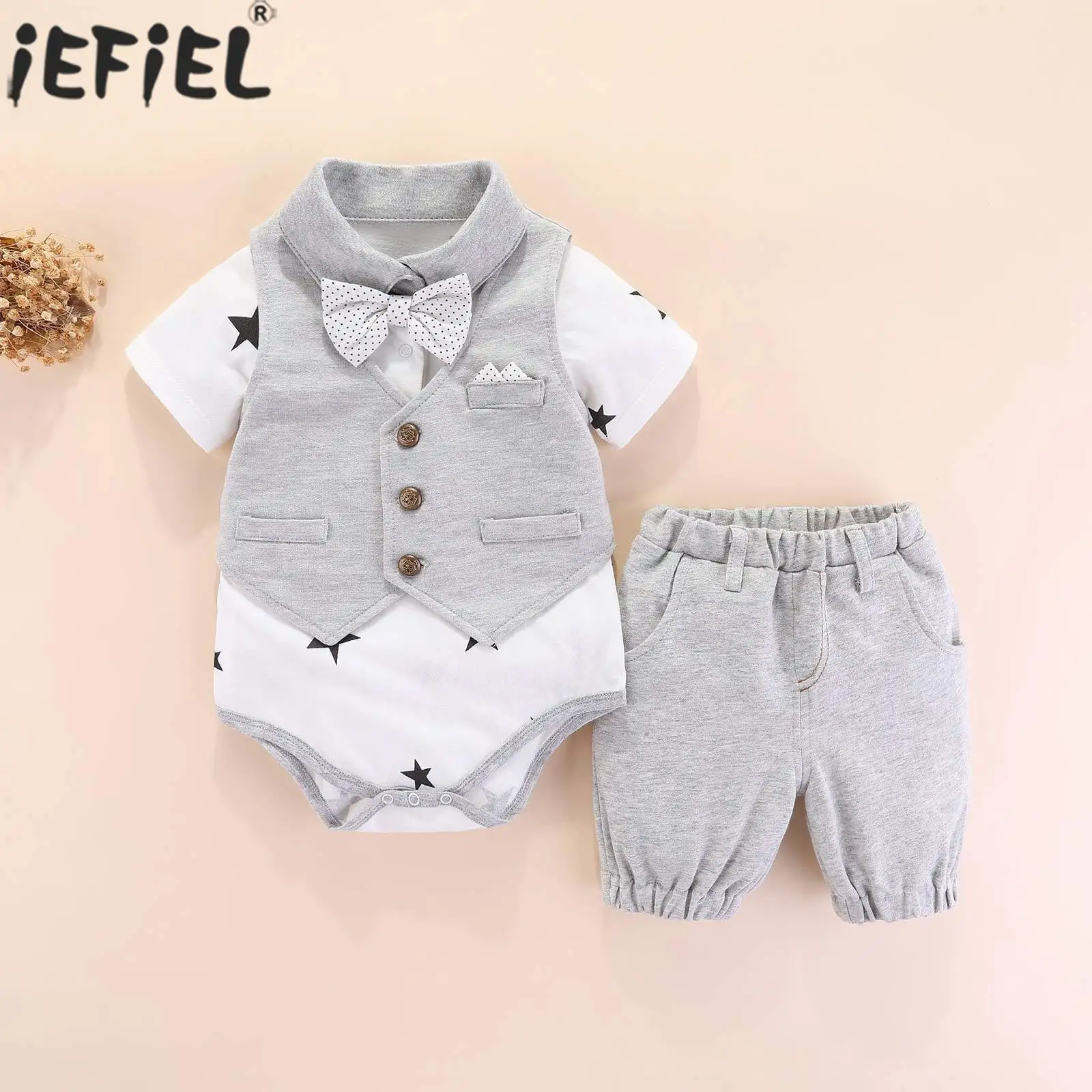 

Infant Boys Christening Outfit Short Sleeve Bow Romper with Vest and Pants Baby Wedding Birthday Party Baptism Gentleman Suit