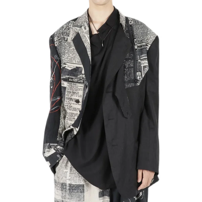 

Yohji Yamamoto Shirts Suit Jacket Fashion Newspaper Design Coat Loose Casual Suit Color Matching Printed Men Suit Jacket