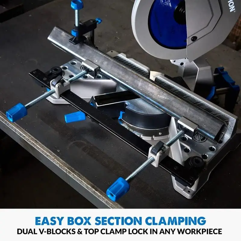 Mitering Chop Saw Heavy Duty Metal Cutting Sliding Head with Locking Pin Quick Release Clamps Dual sliding Cast Iron Clamps