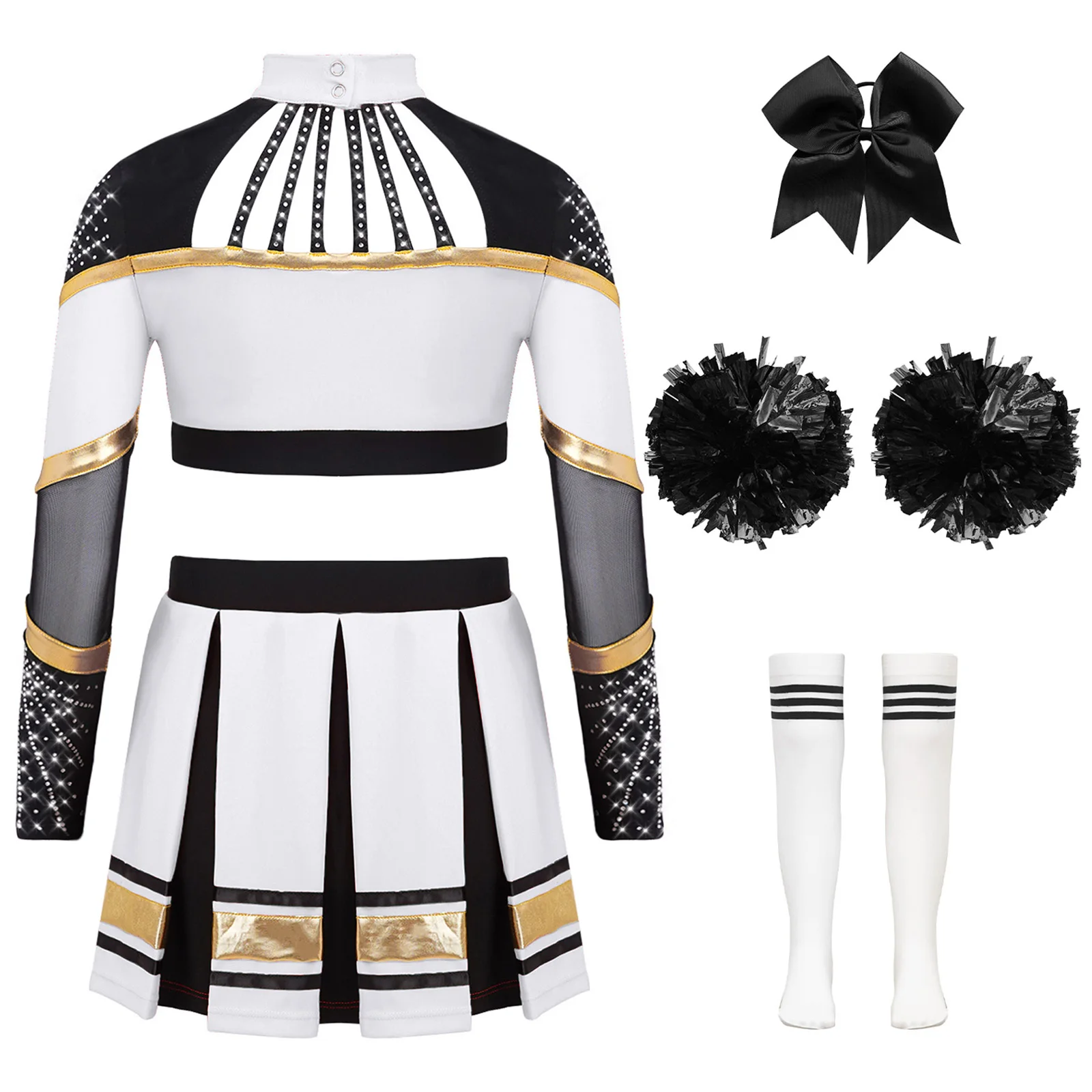 Kids Girls Cheerleader Costume Cheerleading Uniform Dance Outfits Long Sleeve Sheer Mesh Rhinestones Crop Top with Pleated Skirt