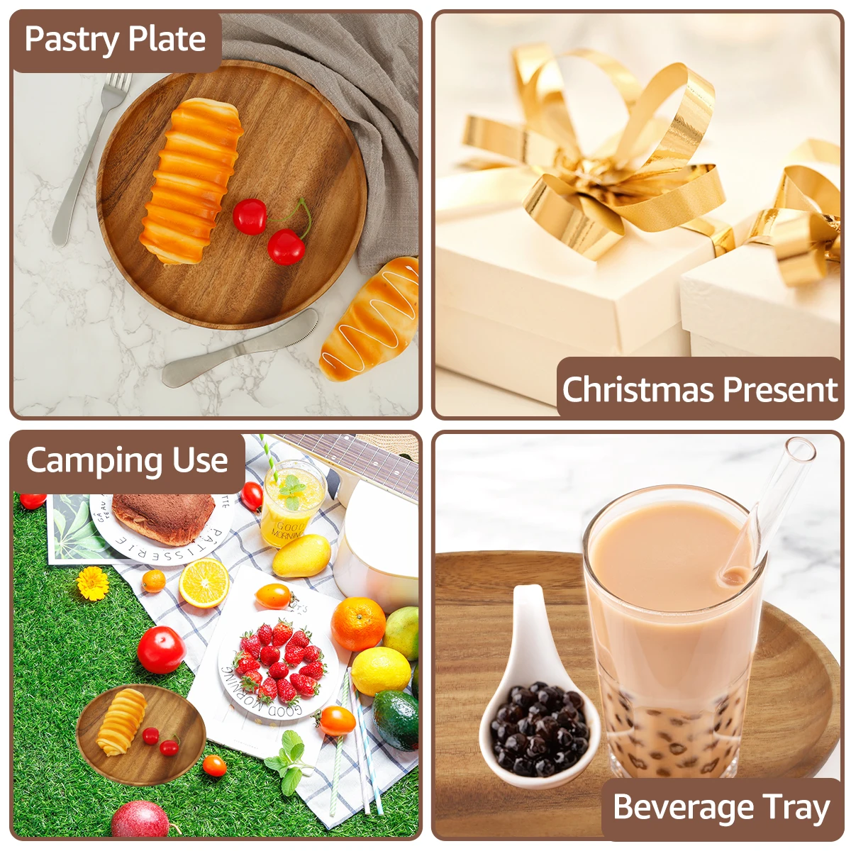 Round Wood Plates 20/24cm Acacia Wooden Tray Dinner Plates Simple Serving Dishes Snack Dessert Fruit Bread Soup Tableware