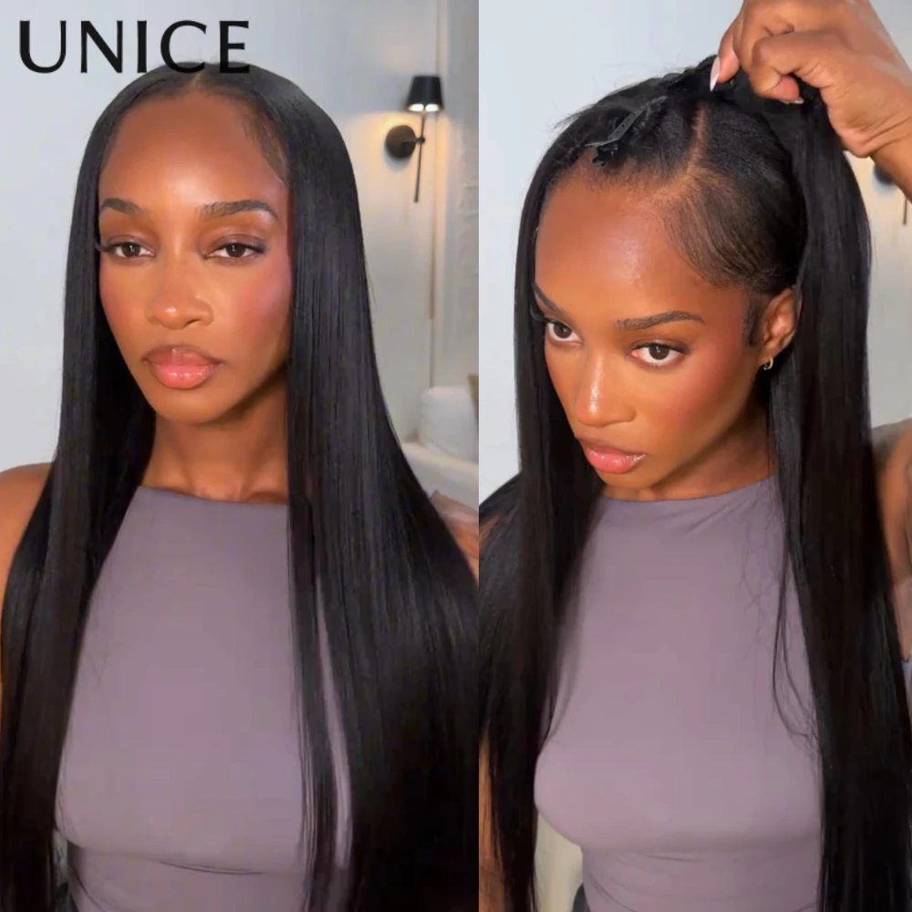 UNice Hair 야키 스트레이트 V 파트 가발 초보자 친화적인 보호 스타일 인모 가발 150% 밀도로 자연 모발을 보호합니다