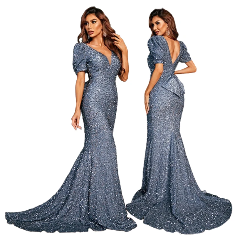 2024 New Birthday Party Women'S Performance Dress V-Neck Short Sleeve Sequins Fishtail Banquet Small Tail Evening Dress