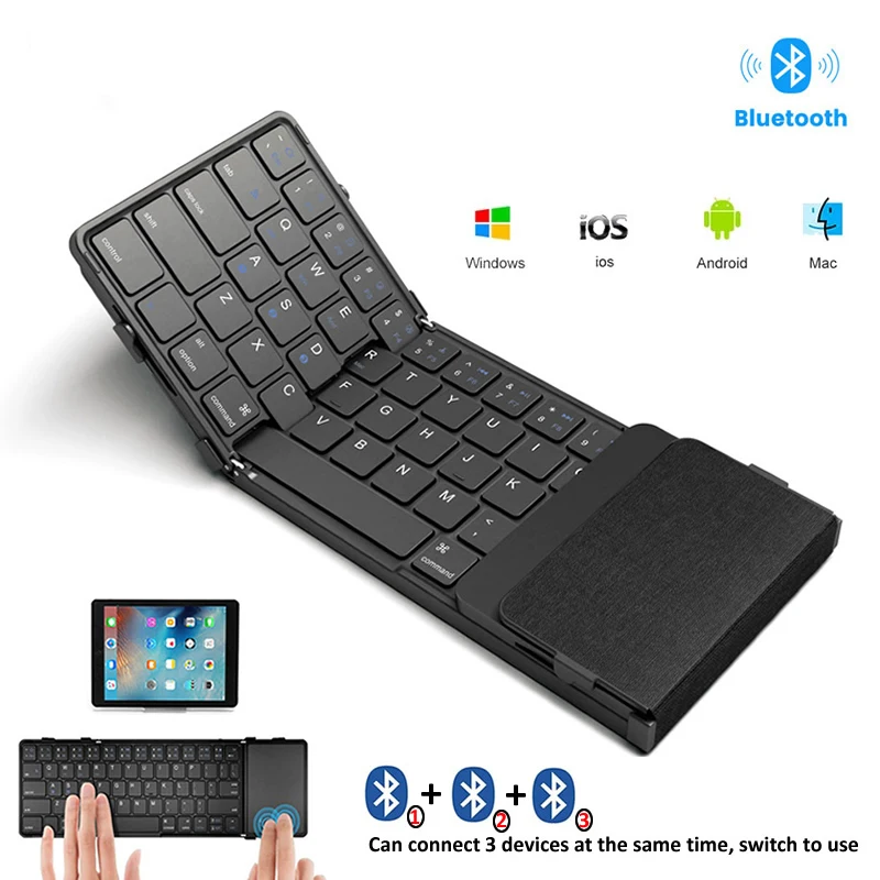 Teclado sem Fio Tri-dobrável com Touchpad Mini Teclado Recarregável Bluetooth Telefone Desktop pc