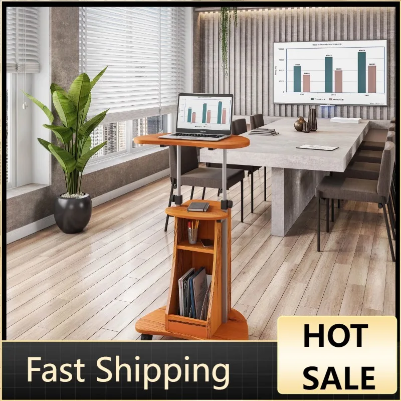 

Techni Mobili Sit-to-Stand Rolling Adjustable Height Laptop Cart With Storage, Woodgrain