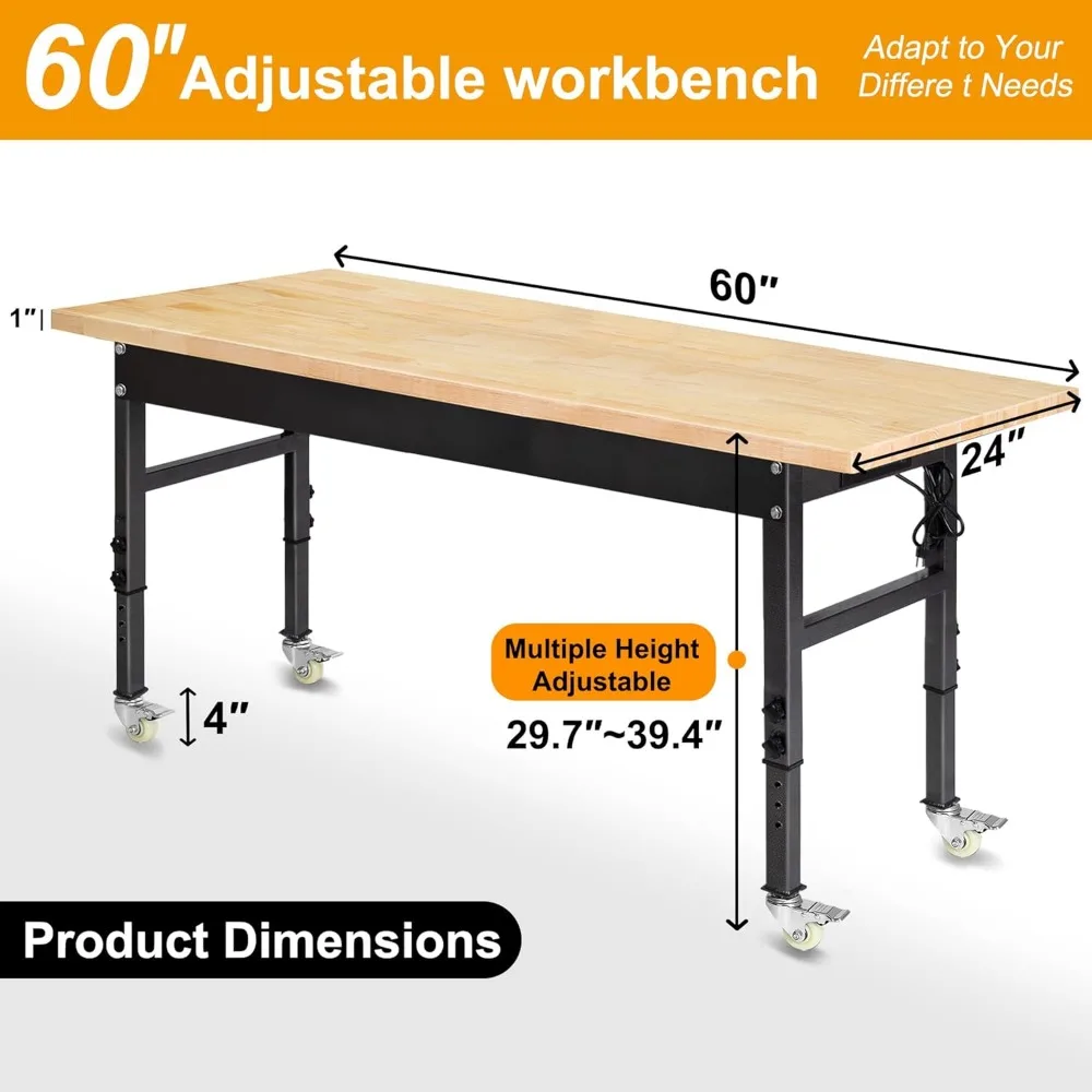 60" Adjustable Work Bench, Rubber Wood Top Workbench Heavy-Duty Work Table with Power Outlet with Wheels, 2000 LBS Load Capacity 6