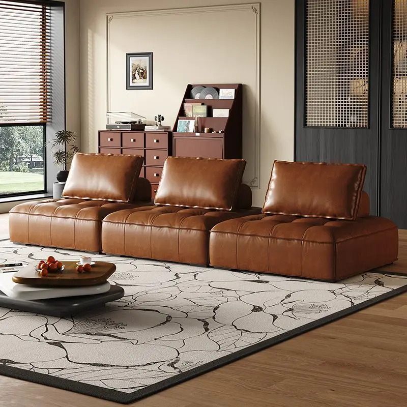 Modular Block Retro Sofa Genuine Leather Small Space Living Room Sectional Retro Tofu Sofa Genuine Leather Modular Small Space​
