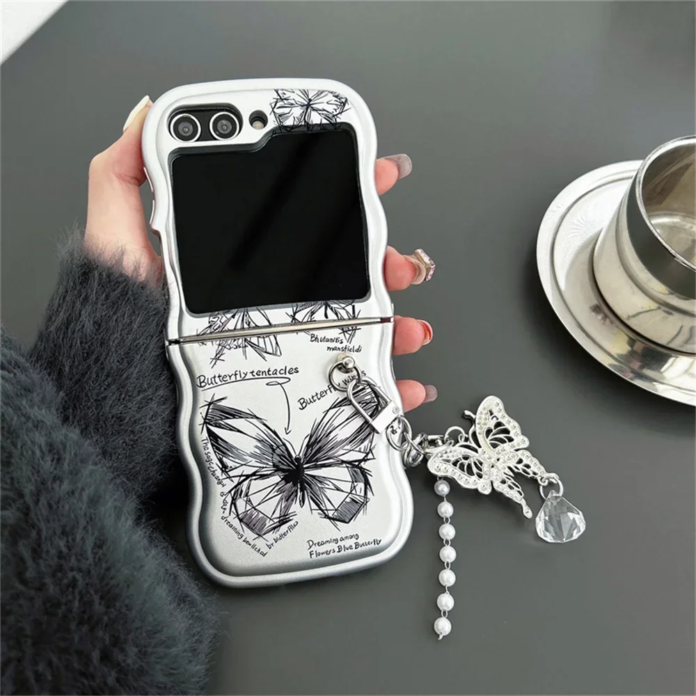 Fashion Butterfly Matte Silver Phone Case with Wave Border and Pendant Cover