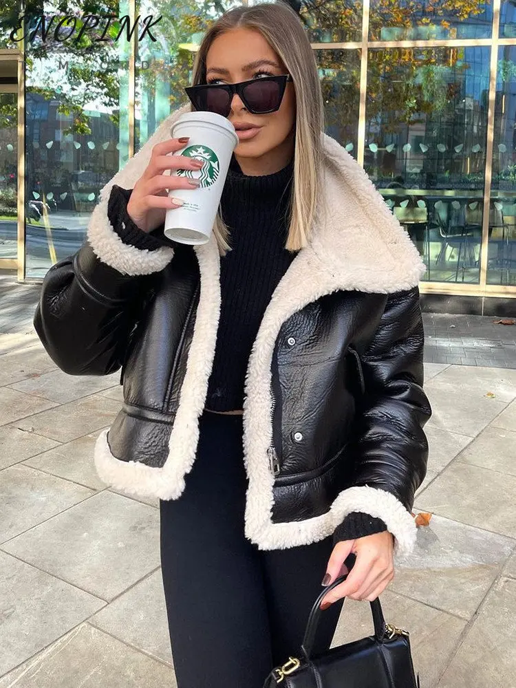 Autumn Winter OL Style Pu Leather Coat Women Mid-length Thick Faux Fur Collar Silk Wadding Parka Overcoat with Belt