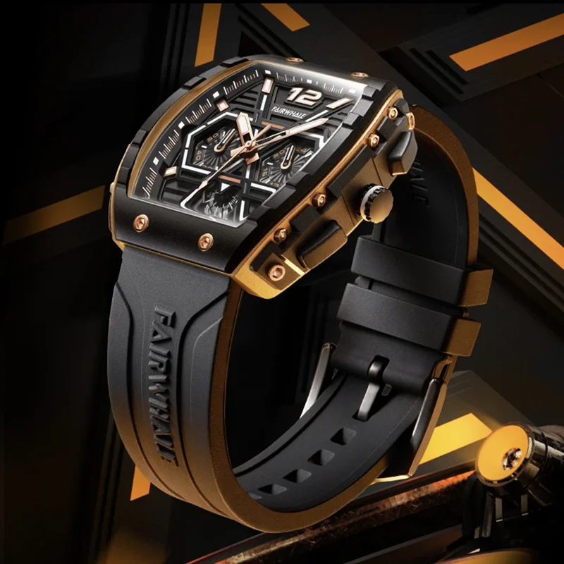 Fashion Mens Watch Luxury Brands Mark Fairwhal Tonneau Clock Sports Black Silicone Strap Waterproof Quartz Men Wristwatches 2024