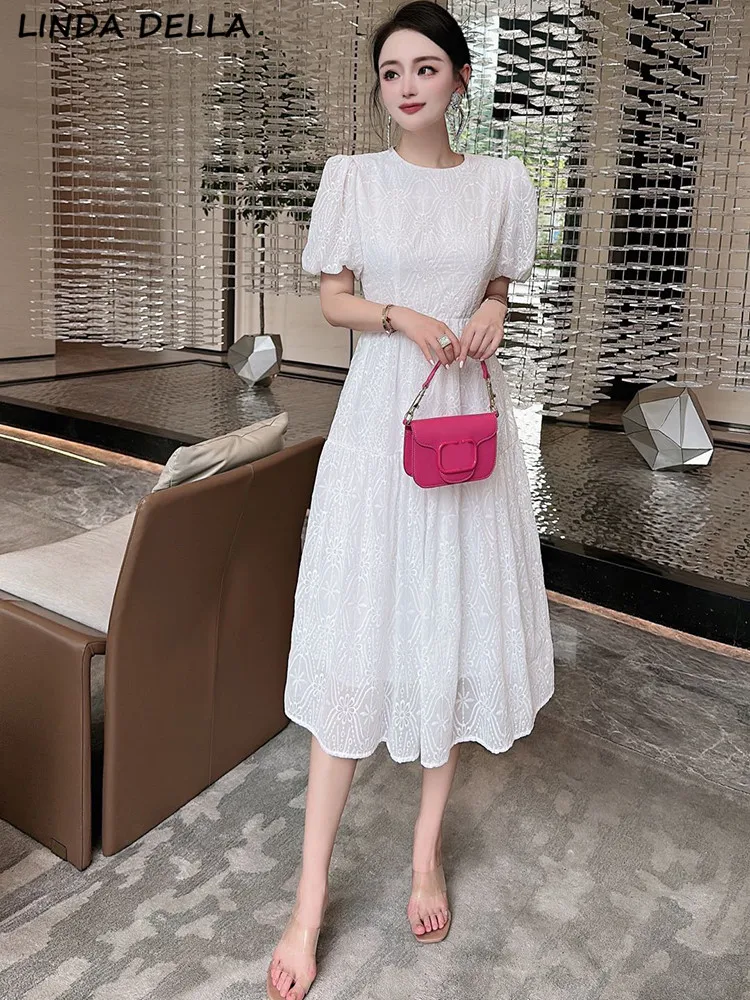

LINDA DELLA Summer Fashion Designer Rose Red Vintage Party Dress Women O-neck Short Sleeve Embroidery Ruffles Chiffon Midi Dress