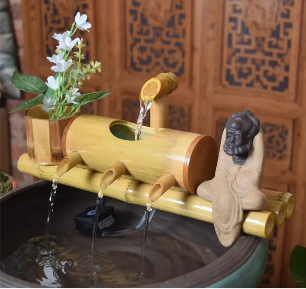 Bamboo Aquarium Water Recycling Feng Shui Decoration Tube Water Fountain Stone Trough Filter Office Desktop Furnishings