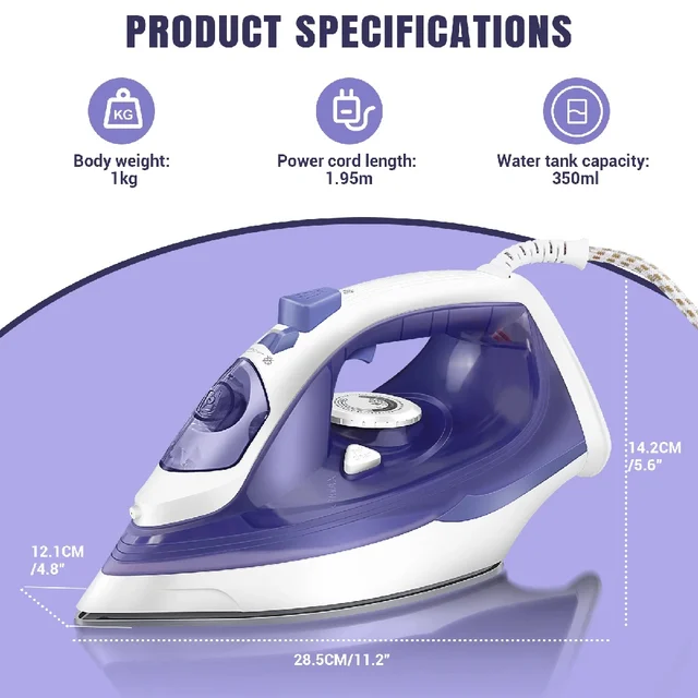 BRIEFNESS Electric Iron Portable Steam Iron, 2800W Powerful Steam Function, Non-stick Stainless Steel Soleplate,350ml Water Tank 1