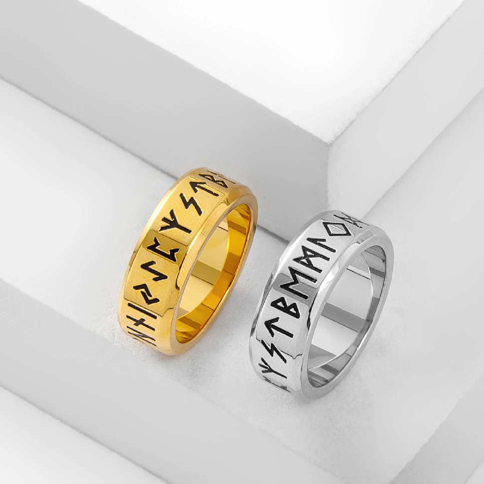 YILUOCD Stainless Steel Viking Runes Ring Nordic Style 24 Runes Powerful Amulets Vintage Odin Norse Couple Jewelry