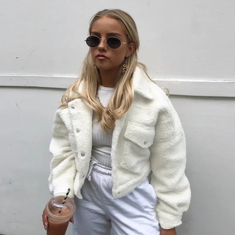

Female Trend Lamb Wool Women's Jacket Short Fashion 2024 Winter New Solid Color Long-sleeved Lapel Thick Loose Casual Coats