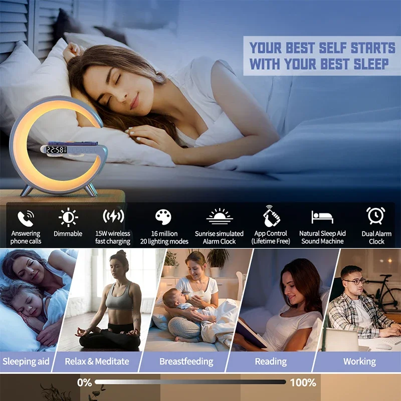 Description Picture 5 of itemNew Arrivals Smart Multifunction Chargers Alarm Clock Lamp Mobile Phone Wireless Charger Table Mood Light For Iphone And Android
