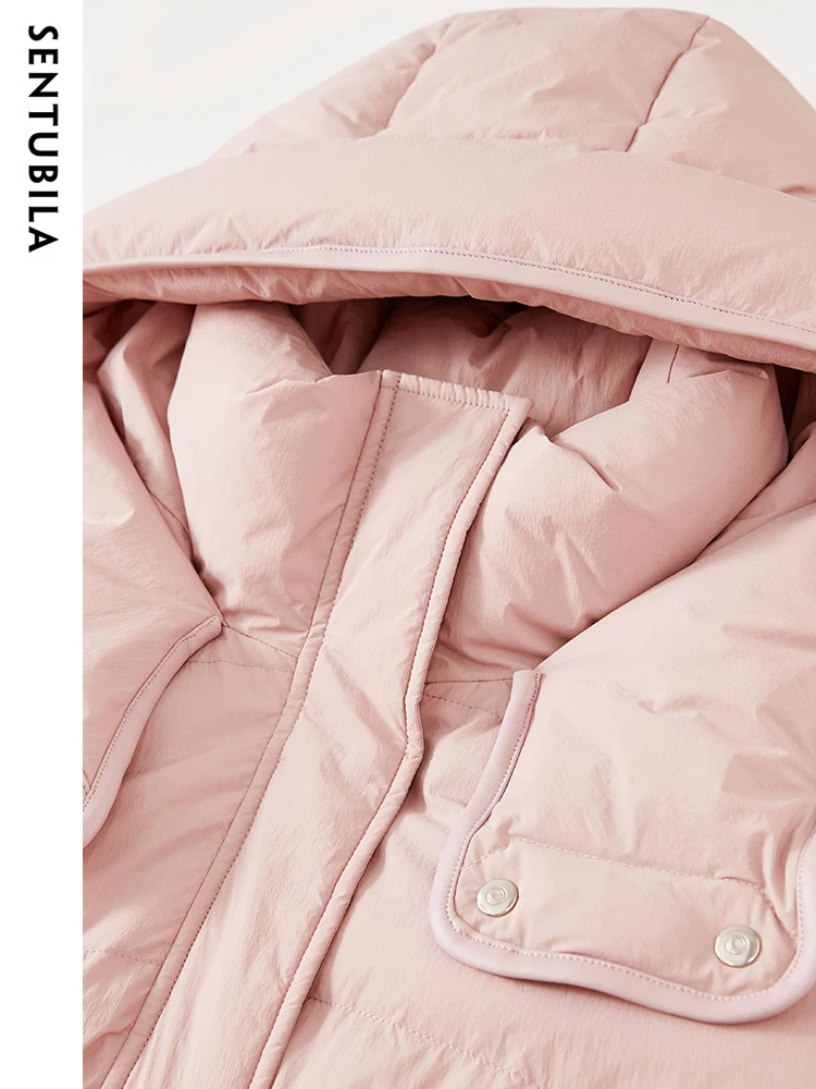SENTUBILA Women's Casual Hooded Winter Down Jacket 2023 High Quality Mid-Length Down Coat White Duck Down Warm Jackets W34Y50541