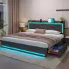 King Size LED Bed Frame with Storage Headboard and Charging Station, Upholstered King Platform Bed Frame Dark Grey 1